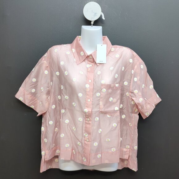 Mango Floral Embroidered Lyocell Short Sleeves Shirt Medium Pastel Pink - Picture 1 of 8